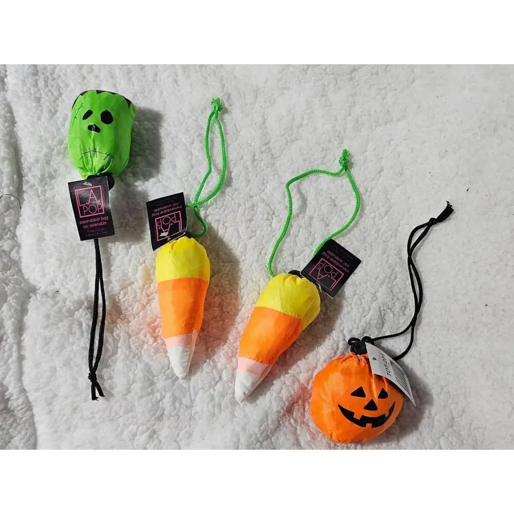 (4) New Halloween Pumpkin Candy Corn Frankenstein Trick or Treat Reusable Bags